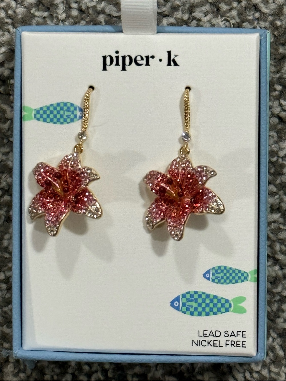 Piper K Gold-Tone Pink Red Crystal Orchid Drop Earrings in Gift Box - NWT